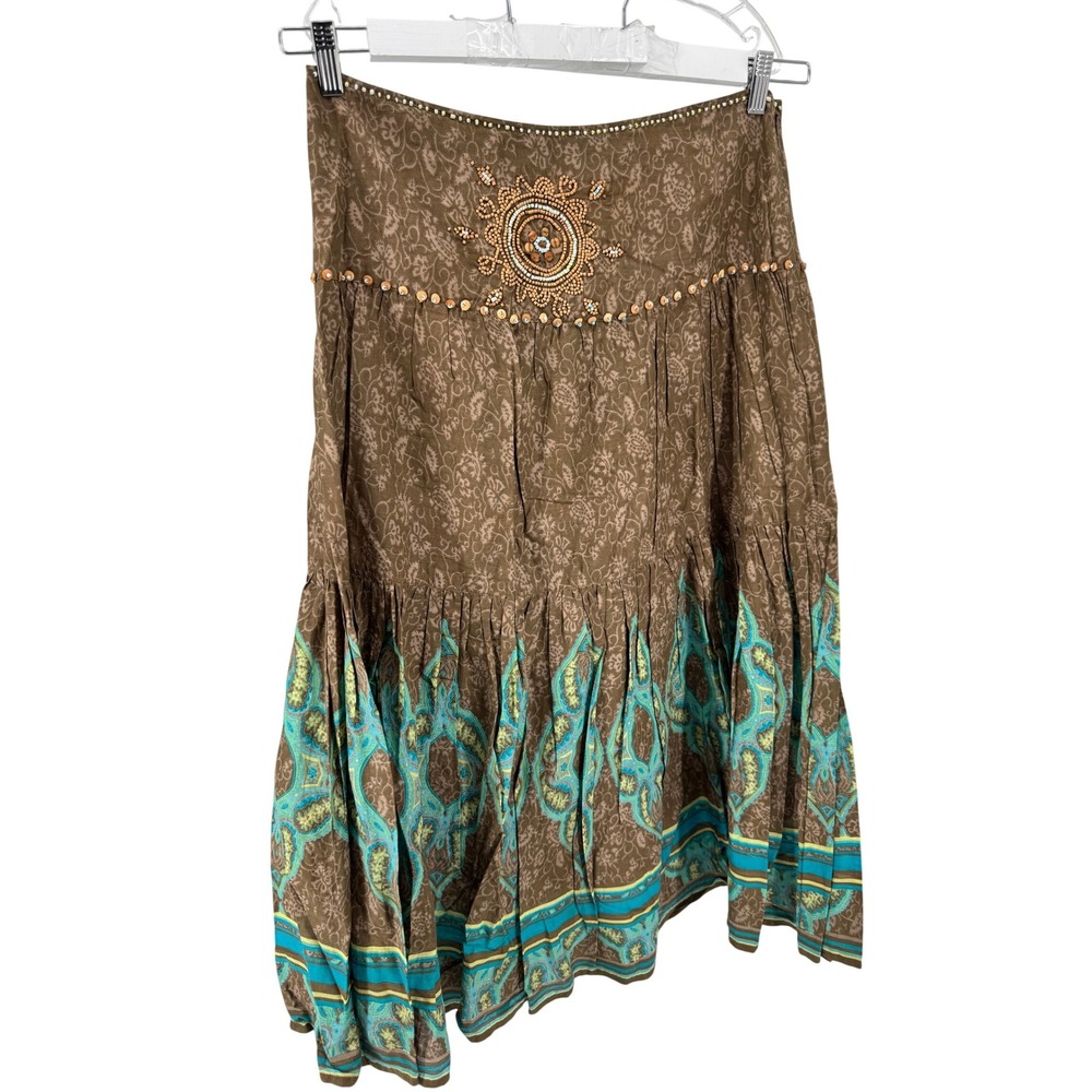Vintage Brown Maxi Skirt 12 Beaded Pleated Boho Witchy Fairycore Retro